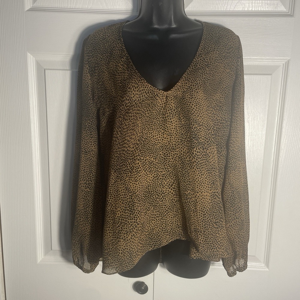 Lovers Friends Shirt Women M Brown Animal Print  Sheer Flowy V Neck Pullover Top